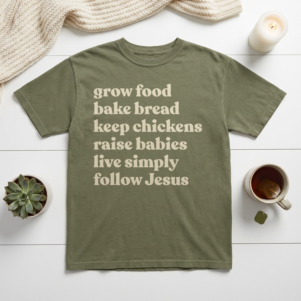 Grow Food, Bake Bread, Follow Jesus Christian homesteading graphic tee